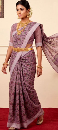 Purple and Violet color Saree in Cotton fabric with Printed work
