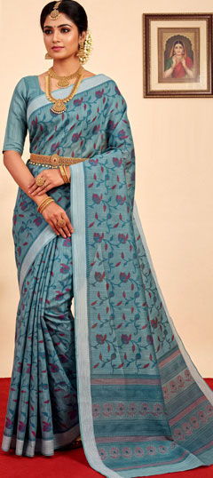 Blue color Saree in Cotton fabric with Printed work