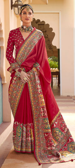 Pink and Majenta color Saree in Silk fabric with Printed, Weaving work