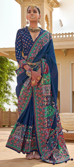 Blue color Saree in Silk fabric with Printed, Weaving work