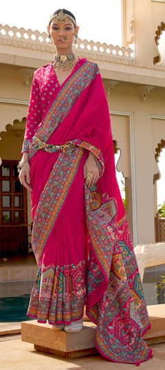 Pink and Majenta color Saree in Silk fabric with Printed, Weaving work