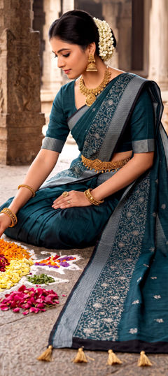 Blue color Saree in Cotton fabric with Embroidered work