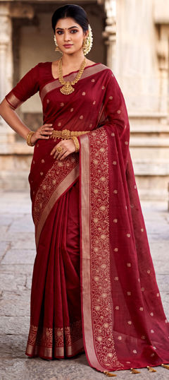 Red and Maroon color Saree in Cotton fabric with Embroidered work