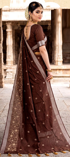 Beige and Brown color Saree in Cotton fabric with Embroidered work