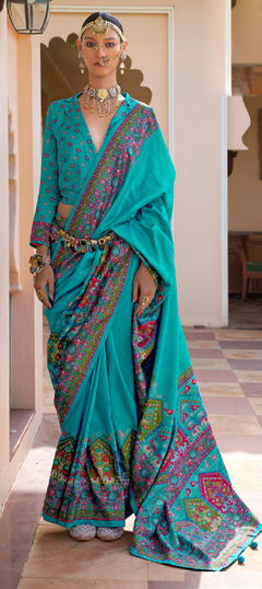 Blue color Saree in Silk fabric with Printed, Weaving work