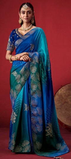 Blue color Saree in Crepe Silk fabric with Ombre, Weaving, Zari work