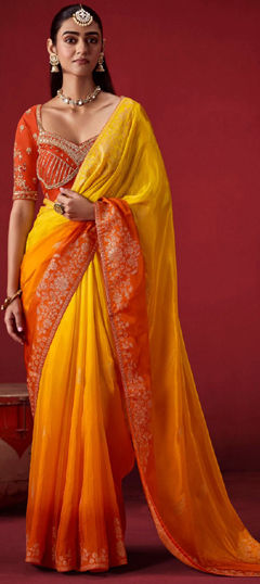 Orange, Yellow color Saree in Crepe Silk fabric with Ombre, Weaving, Zari work