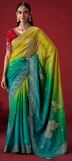 Blue, Yellow color Saree in Crepe Silk fabric with Ombre, Weaving, Zari work