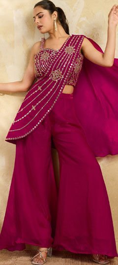 Pink and Majenta color Salwar Kameez in Georgette fabric with Bugle Beads, Cut Dana, Embroidered, Sequence work