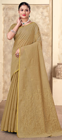Beige and Brown color Saree in Cotton fabric with Embroidered work