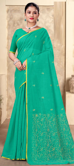 Green color Saree in Cotton fabric with Embroidered work