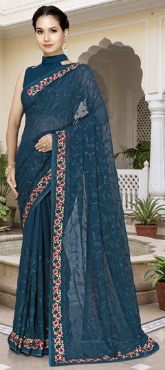 Blue color Saree in Georgette fabric with Embroidered, Resham work