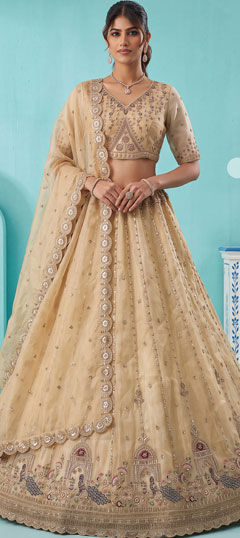 Beige and Brown color Lehenga in Chanderi Silk fabric with Bugle Beads, Embroidered, Sequence, Zari work