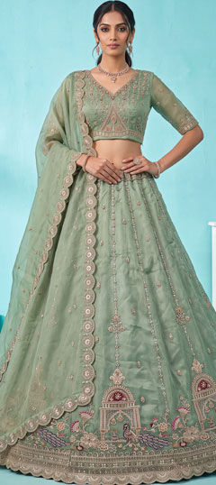 Blue color Lehenga in Chanderi Silk fabric with Bugle Beads, Embroidered, Sequence, Zari work