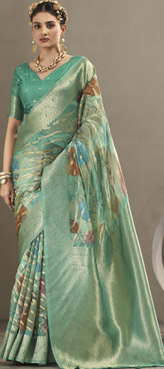 Blue color Saree in Polyester Silk fabric with Floral, Printed, Weaving work