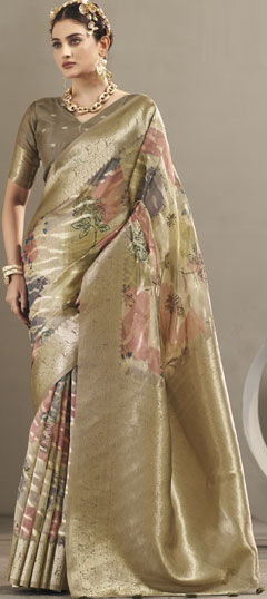 Beige and Brown color Saree in Polyester Silk fabric with Floral, Printed, Weaving work