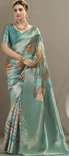 Blue color Saree in Polyester Silk fabric with Floral, Printed, Weaving work