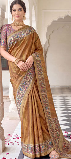 Beige and Brown color Saree in Silk fabric with Printed work