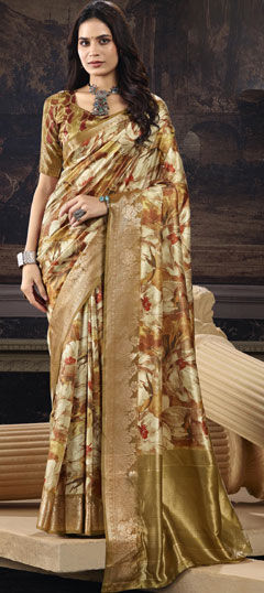 Beige and Brown color Saree in Silk fabric with Floral, Printed, Weaving work