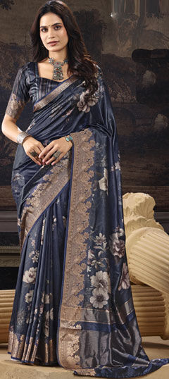 Blue color Saree in Silk fabric with Floral, Printed, Weaving work