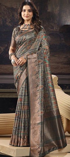 Purple and Violet color Saree in Silk fabric with Printed, Weaving work
