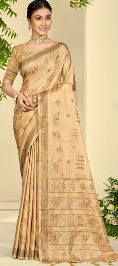 Beige and Brown color Saree in Silk fabric with Embroidered work