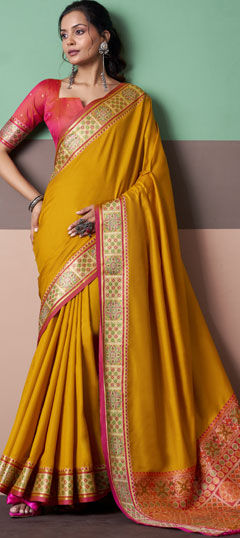 Yellow color Saree in Patola Silk fabric with Weaving work