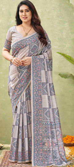 Black and Grey color Saree in Tussar Silk fabric with Printed work