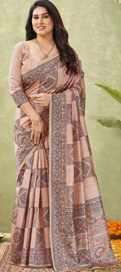 Pink and Majenta color Saree in Tussar Silk fabric with Printed work