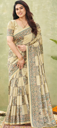Beige and Brown color Saree in Tussar Silk fabric with Printed work