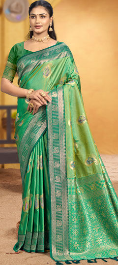 Green color Saree in Silk fabric with Weaving work