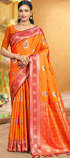 Orange color Saree in Silk fabric with Weaving work