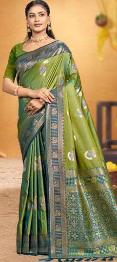 Green color Saree in Silk fabric with Weaving work