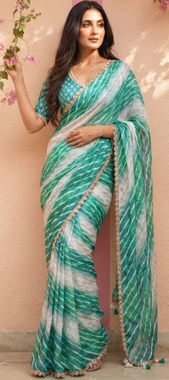 Multicolor color Saree in Silk fabric with Digital Print, Lace work