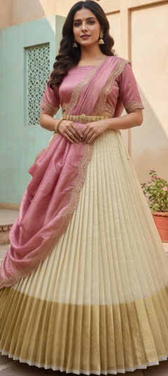 Beige and Brown, Pink and Majenta color Lehenga in Silk fabric with Embroidered work