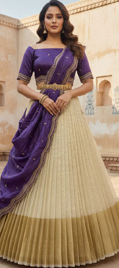 Beige and Brown, Purple and Violet color Lehenga in Silk fabric with Embroidered work