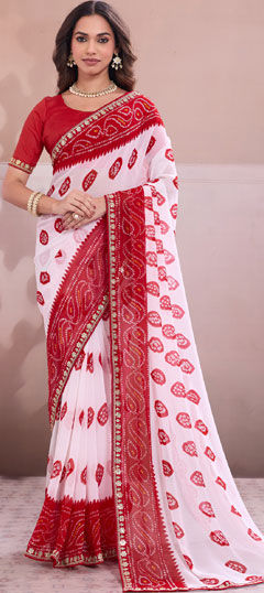 Red and Maroon, White and Off White color Saree in Georgette fabric with Bandhej, Printed, Sequence, Zari work
