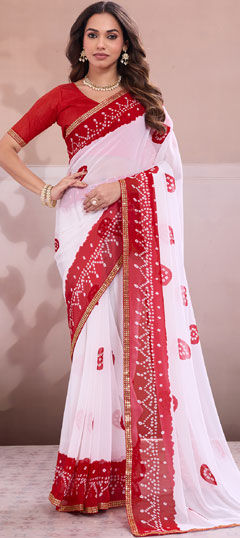 Red and Maroon, White and Off White color Saree in Georgette fabric with Bandhej, Printed, Sequence, Zari work