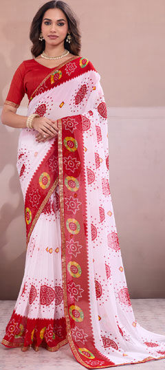 Red and Maroon, White and Off White color Saree in Georgette fabric with Bandhej, Printed, Sequence, Zari work