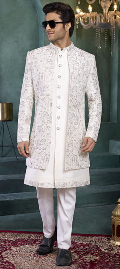 Beige and Brown color Kurta Pyjama with Jacket in Art Silk fabric with Embroidered, Thread work