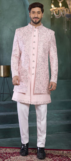 Pink and Majenta color Kurta Pyjama with Jacket in Art Silk fabric with Embroidered, Thread work