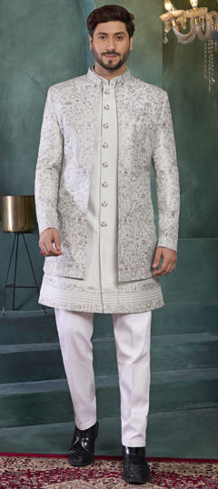 Green color Kurta Pyjama with Jacket in Art Silk fabric with Embroidered, Thread work