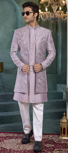 Purple and Violet color Kurta Pyjama with Jacket in Art Silk fabric with Embroidered, Thread work