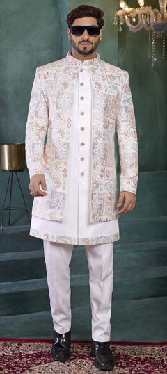 Beige and Brown color Kurta Pyjama with Jacket in Art Silk fabric with Embroidered, Thread work