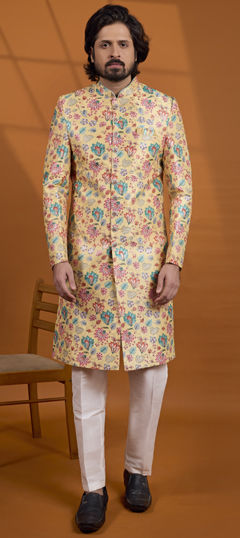 Yellow color Sherwani in Art Silk fabric with Embroidered, Printed work