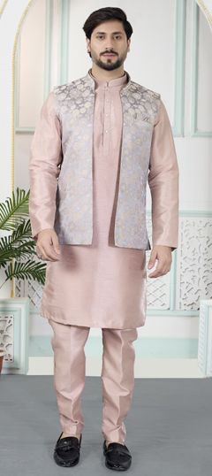 Black and Grey color Kurta Pyjama with Jacket in Art Silk, Jacquard fabric with Weaving work