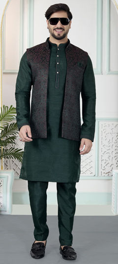 Green color Kurta Pyjama with Jacket in Art Silk, Jacquard fabric with Weaving work