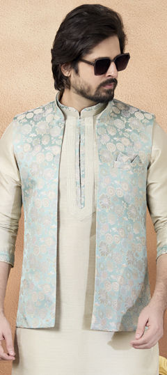 Green color Nehru Jacket in Jacquard fabric with Weaving work