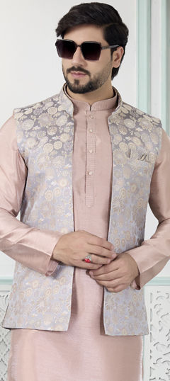 Black and Grey color Nehru Jacket in Jacquard fabric with Weaving work