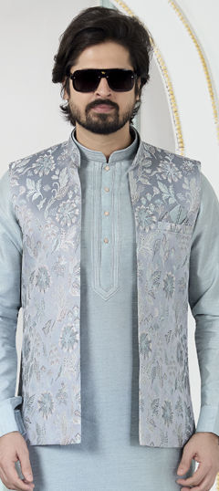 Black and Grey color Nehru Jacket in Jacquard fabric with Weaving work